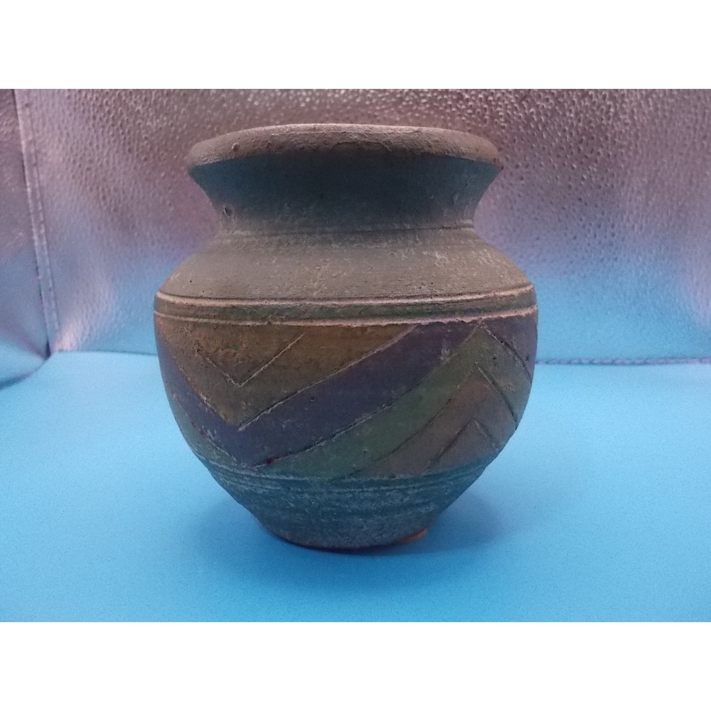 Vintage Studio Pottery Bud Vase Rustic Textured Chevron Pattern Earth Tones